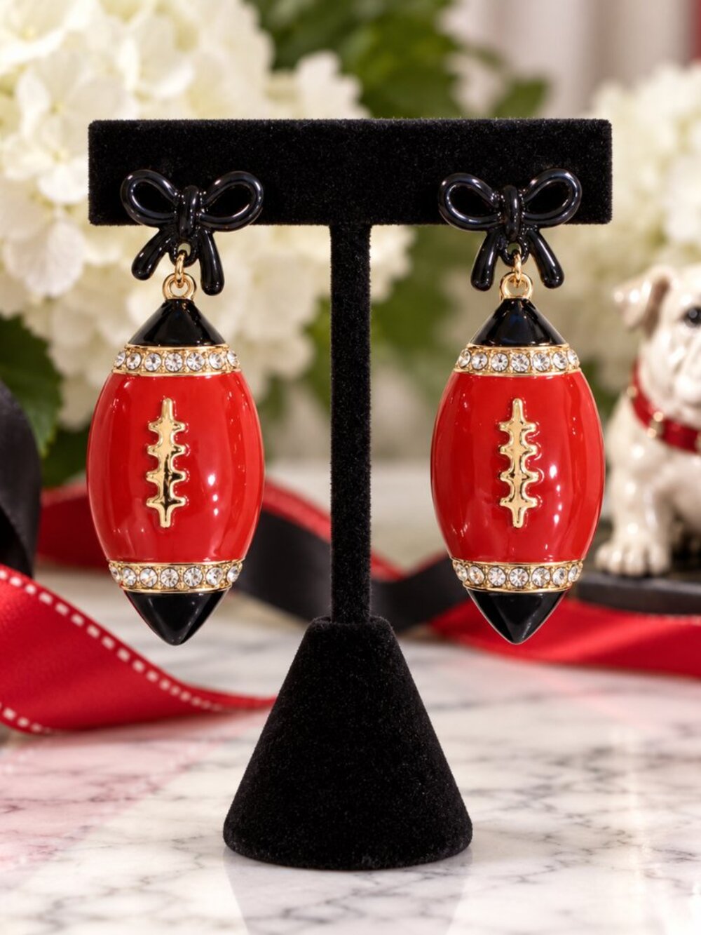 Red & Black Football Earrings with Bow | Rhinestone Game Day Earrings | Georgia